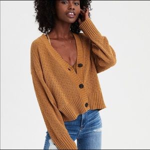 American Eagle Mustard Crop Chenille Textured Cardigan